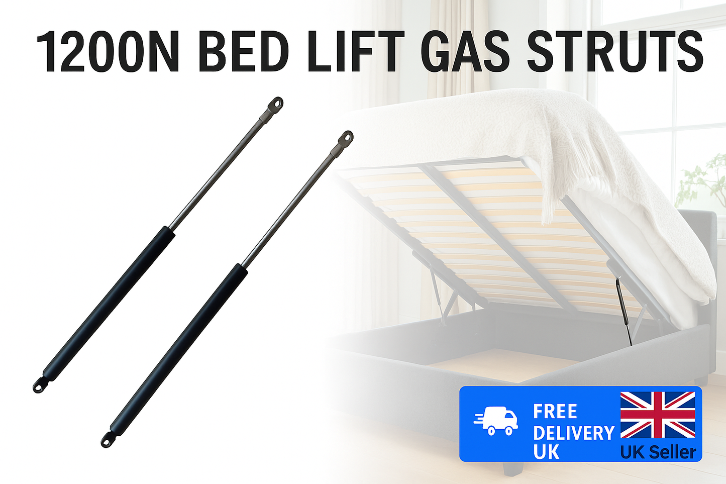 2x 1200N Bed Lift Gas Struts 360mm – Heavy Duty Hydraulic Springs Ottoman Bed UK