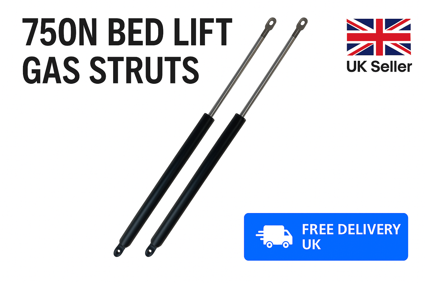 2x 750N Bed Lift Gas Struts 380mm | 10/22mm Size | Heavy Duty UK Stock