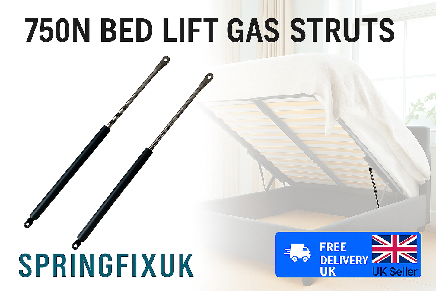 2x 750N Bed Lift Gas Struts 380mm | 10/22mm Size | Heavy Duty UK Stock