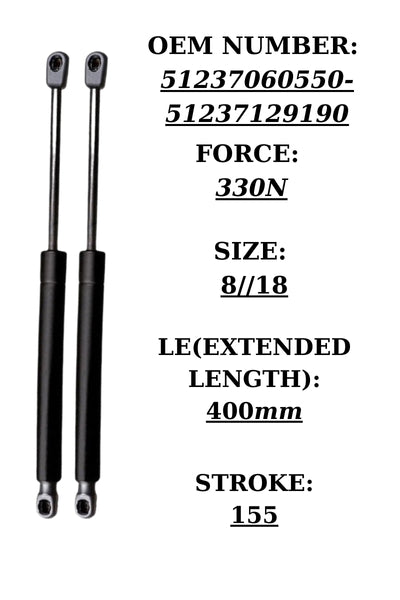 2x Hood Gas Struts for BMW 3 Series E90/E91 – OEM 51237060550 330N 400mm