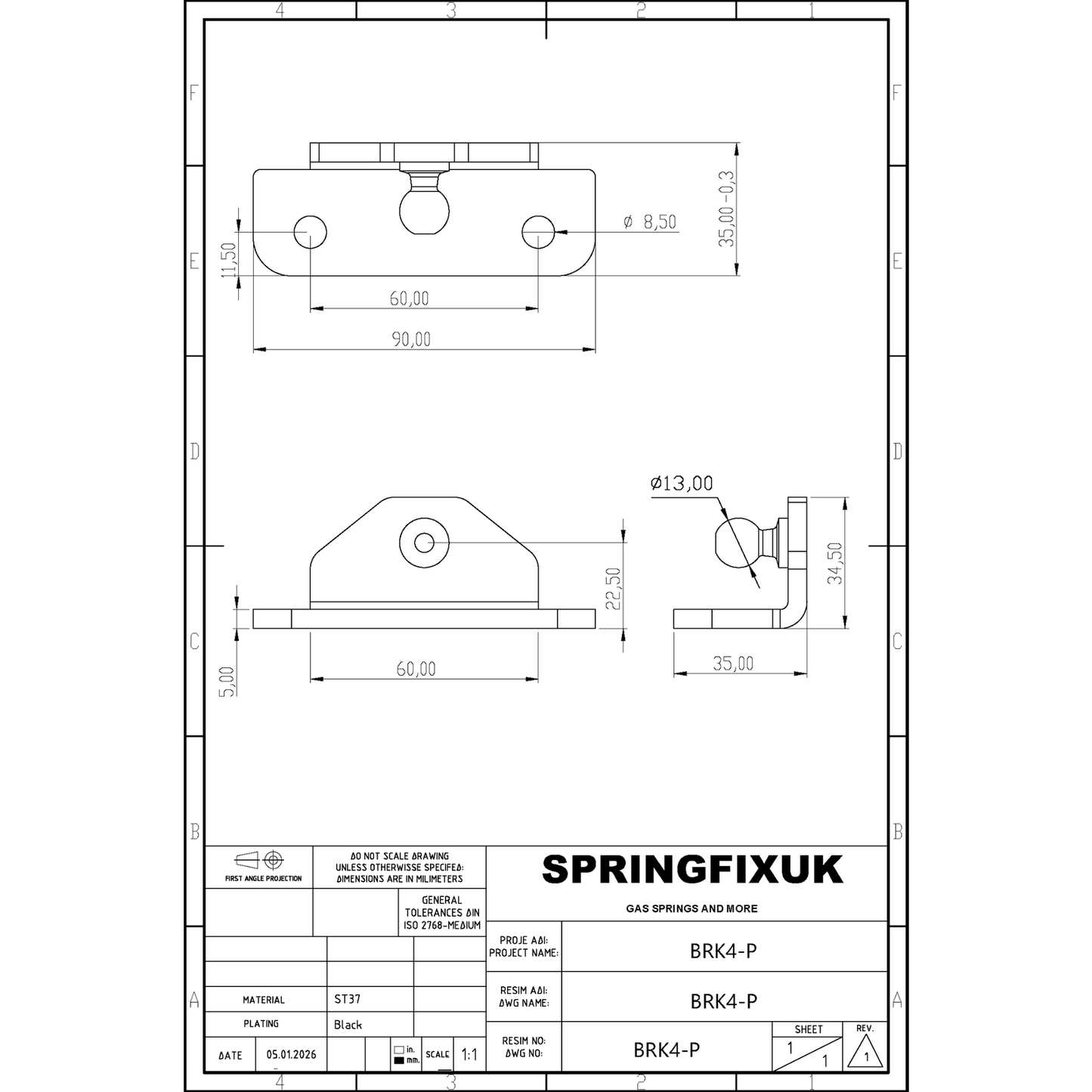 2x 13mm Gas Strut Mounting Bracket Heavy Duty Ball Stud L Mount Black