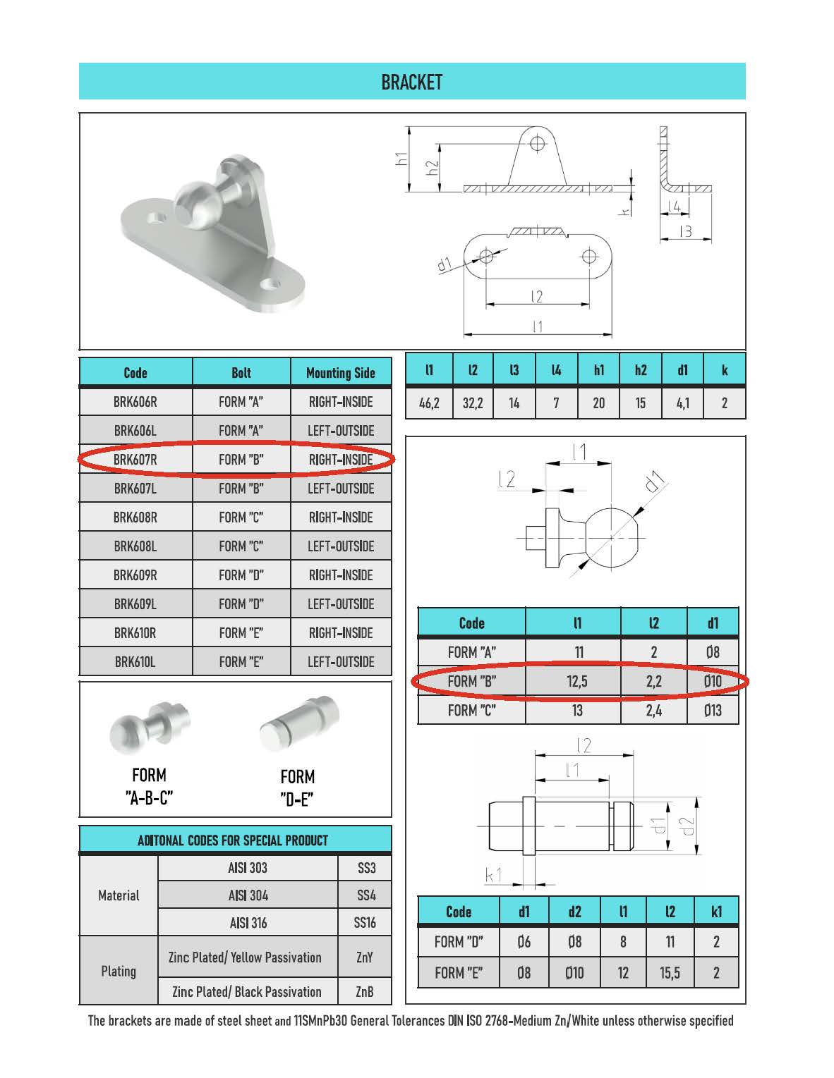 2PCS-Gas Strut End Fittings – 10mm Ball Pin Bracket for Right Inside Stainless Steel