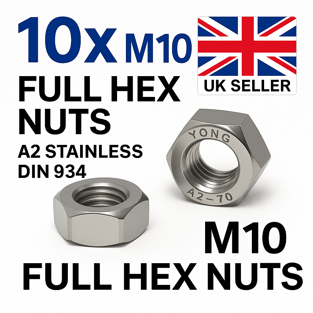 10x M10 Full Hex Nuts A2 Stainless Steel DIN 934 Metric Thread Rustproof