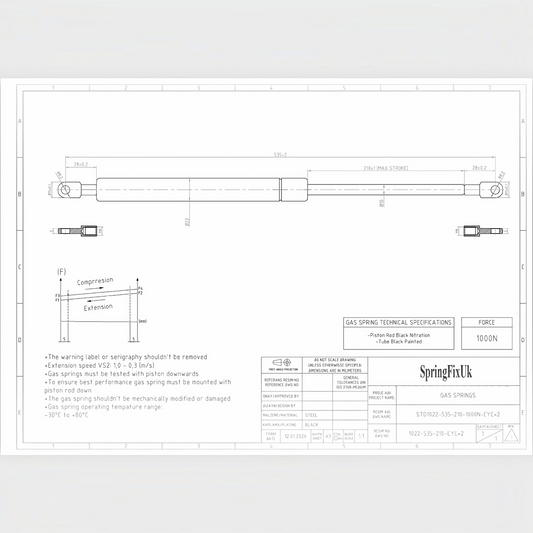 1000N Ottoman Bed Gas Struts 535mm 210mm Stroke 8mm Eye End – 2 Pack | SpringFix UK SpringFixUk