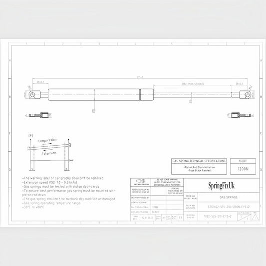 1200N Ottoman Bed Gas Struts 535mm 210mm Stroke 8mm Eye End – 2 Pack | SpringFix UK SpringFixUk