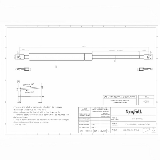 800N Ottoman Bed Gas Struts 535mm 210mm Stroke 8mm Eye End – 2 Pack | SpringFix UK SpringFixUk
