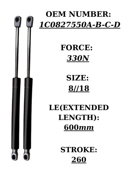 2x Tailgate Gas Struts for VW New Beetle – OEM 1C0827550A/B/C/D 330N 600mm