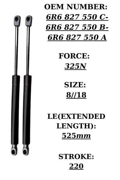 2x Tailgate Gas Struts for VW Polo 2009β2017 β OEM 6R6827550A/B/C 325N 525mm