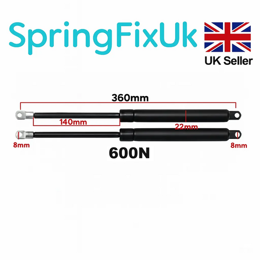 SpringFixUk pair of 600N, 360mm gas struts with 8mm eye ends for ottoman storage beds.