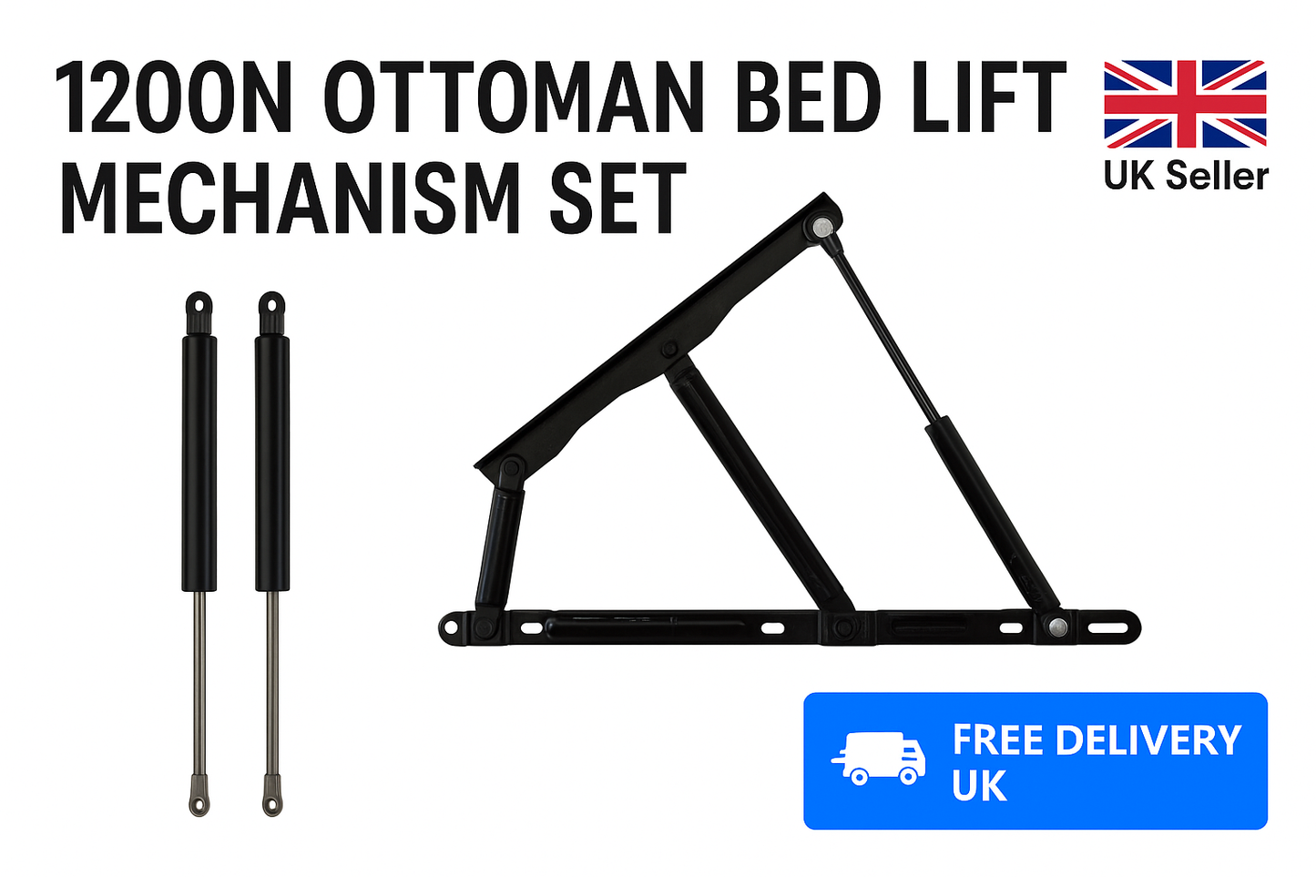 1200N Ottoman Bed Lift Up Mechanism Set | 2x Gas Struts 380mm | UK Stock