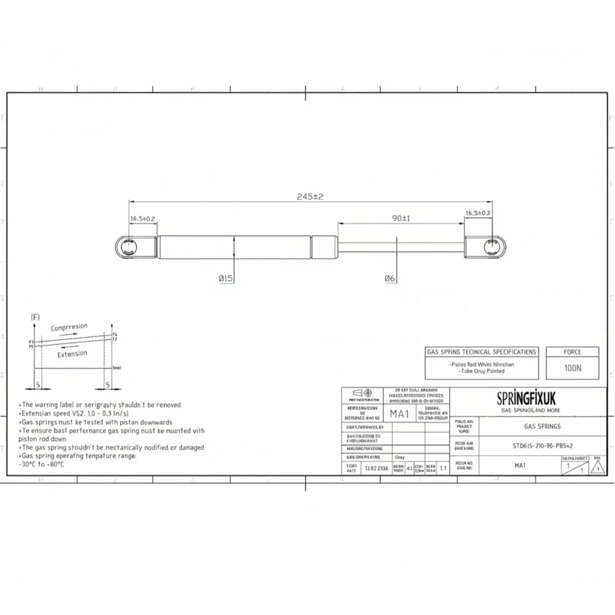 100N soft close gas strut with brackets for kitchen cabinet doors. Steel construction with hydraulic damping | SpringFix UK