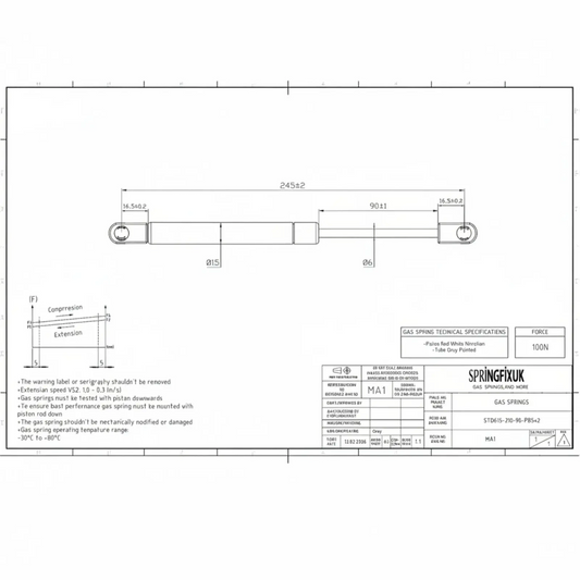 SpringFixUk 100N soft close gas strut with brackets for kitchen cabinet doors. Steel construction with hydraulic damping.