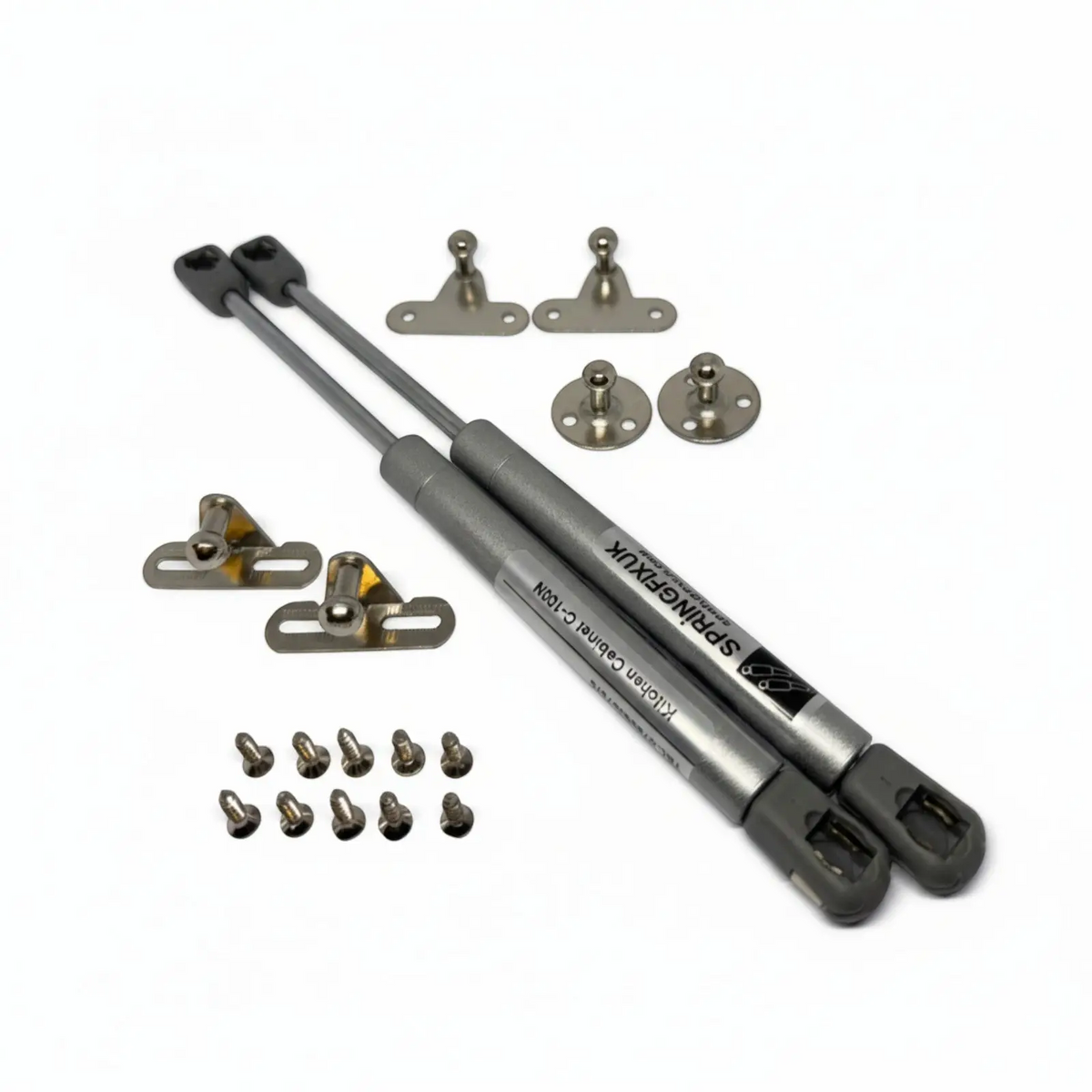 2x 100N soft close gas struts with brackets for kitchen cabinet doors. Silver metal with grey plastic fittings | SpringFix UK