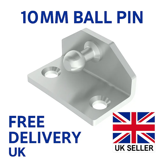 SpringFixUk 10mm ball stud gas strut mounting bracket, zinc plated steel, angled design with two pre-drilled holes.