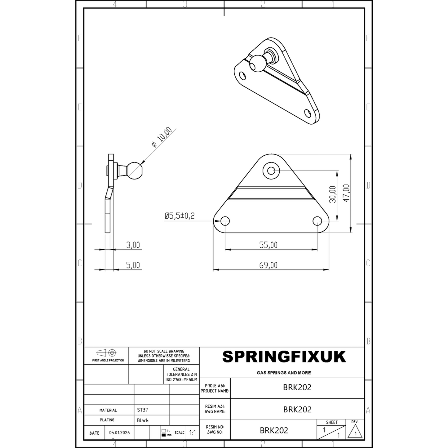 SpringFixUk 10mm gas strut bracket with triangular mounting plate, zinc plated steel.