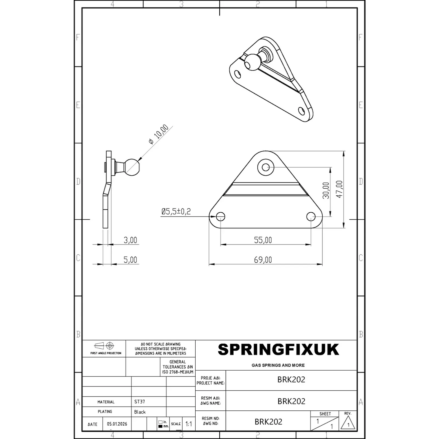 SpringFixUk 10mm gas strut bracket with triangular mounting plate, zinc plated steel.