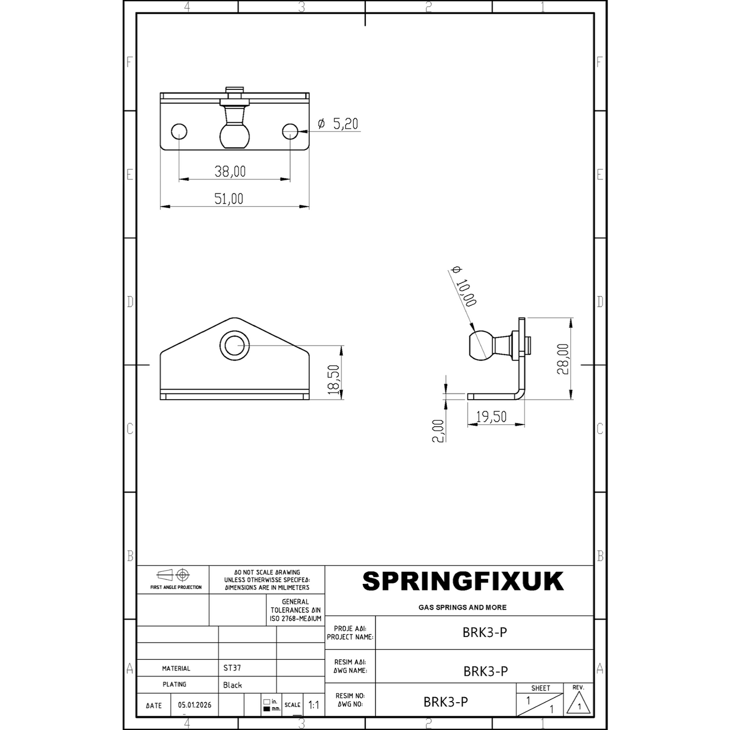 SpringFixUk 2x 10mm L-bracket gas strut mounts, zinc plated steel, 90-degree side mount.