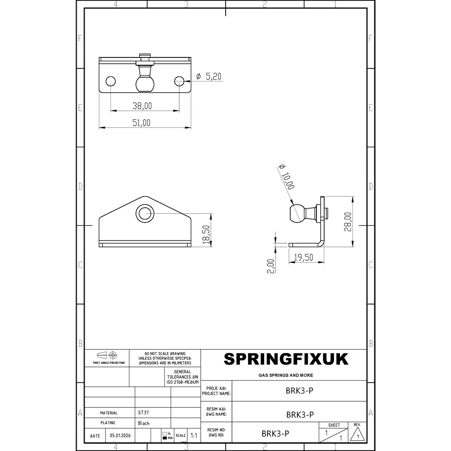 SpringFixUk 2x 10mm L-bracket gas strut mounts, zinc plated steel, 90-degree side mount.