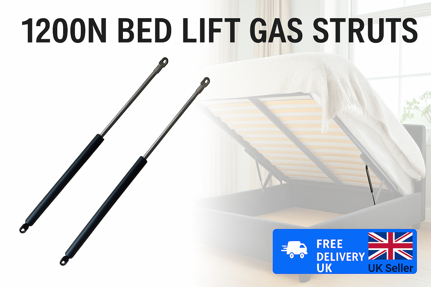 SpringFixUk pair of 1200N 360mm gas struts with 8mm eye ends for ottoman storage beds.