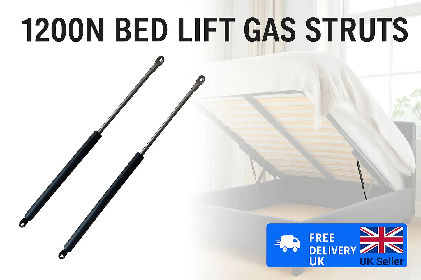 SpringFixUk pair of 1200N 360mm gas struts with 8mm eye ends for ottoman storage beds.