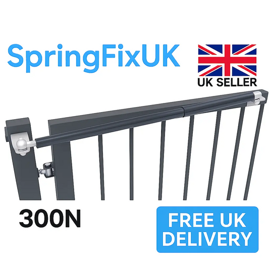 SpringFixUK 300N heavy-duty hydraulic gate closer arm with soft close and M10 fittings, black steel.