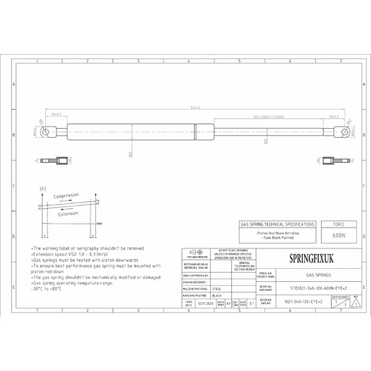 SpringFixUk 600N gas strut, 340mm eye-to-eye, black painted steel, for ottoman beds.