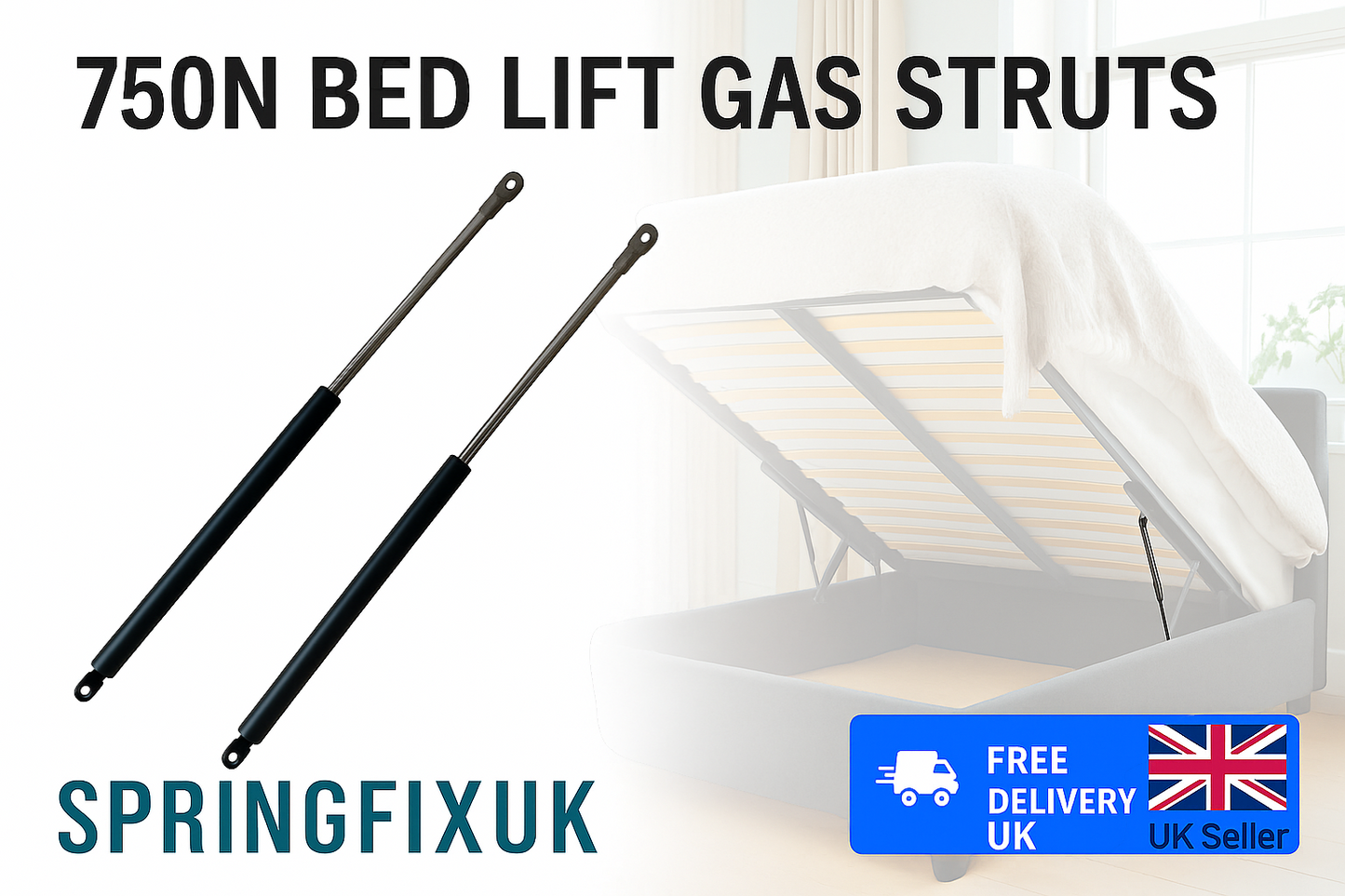 SpringFixUk pair of 750N 360mm gas struts with 8mm eye ends for ottoman storage beds.