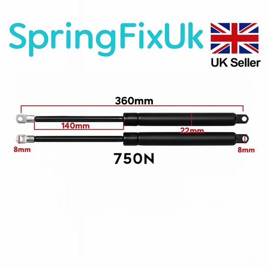 SpringFixUk pair of 750N, 360mm gas struts with 8mm eye ends for ottoman storage beds.