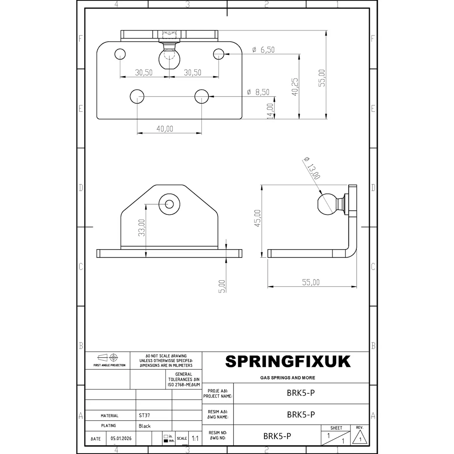 SpringFixUk black 90° L-shaped gas strut mounting bracket with 13mm ball stud. Steel construction.