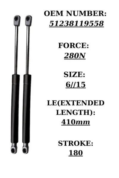 2x front hood gas struts for BMW E36 Cabrio, 280N, 410mm extended length, black steel | SpringFix UK