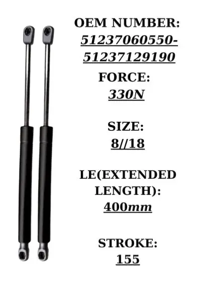 2x black steel hood gas struts for BMW 3 Series E90/E91, 330N force, 400mm extended length | SpringFix UK