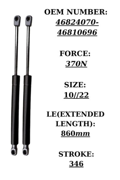 SpringFixUk pair of black steel tailgate gas struts for Fiat Doblo (2000-2010), 370N force, 860mm extended length.