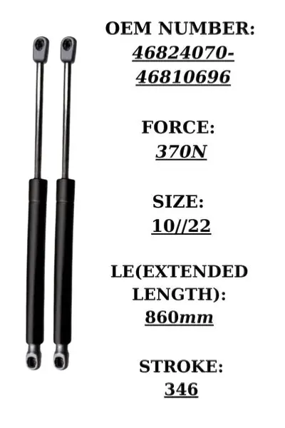 Pair of black steel tailgate gas struts for Fiat Doblo (2000-2010), 370N force, 860mm extended length | SpringFix UK
