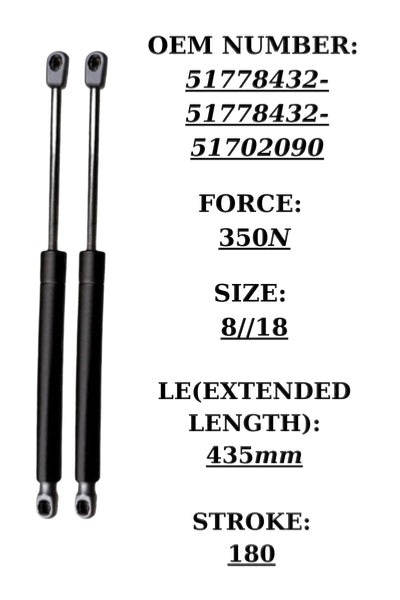 SpringFixUk pair of black steel tailgate gas struts for Fiat Grande Punto, 350N, 435mm extended length.
