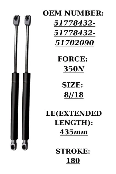 Pair of black steel tailgate gas struts for Fiat Grande Punto, 350N, 435mm extended length | SpringFix UK