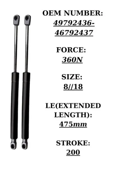 Pair of black steel tailgate gas struts for Fiat Palio 1998-2000, 360N force, 475mm extended length | SpringFix UK