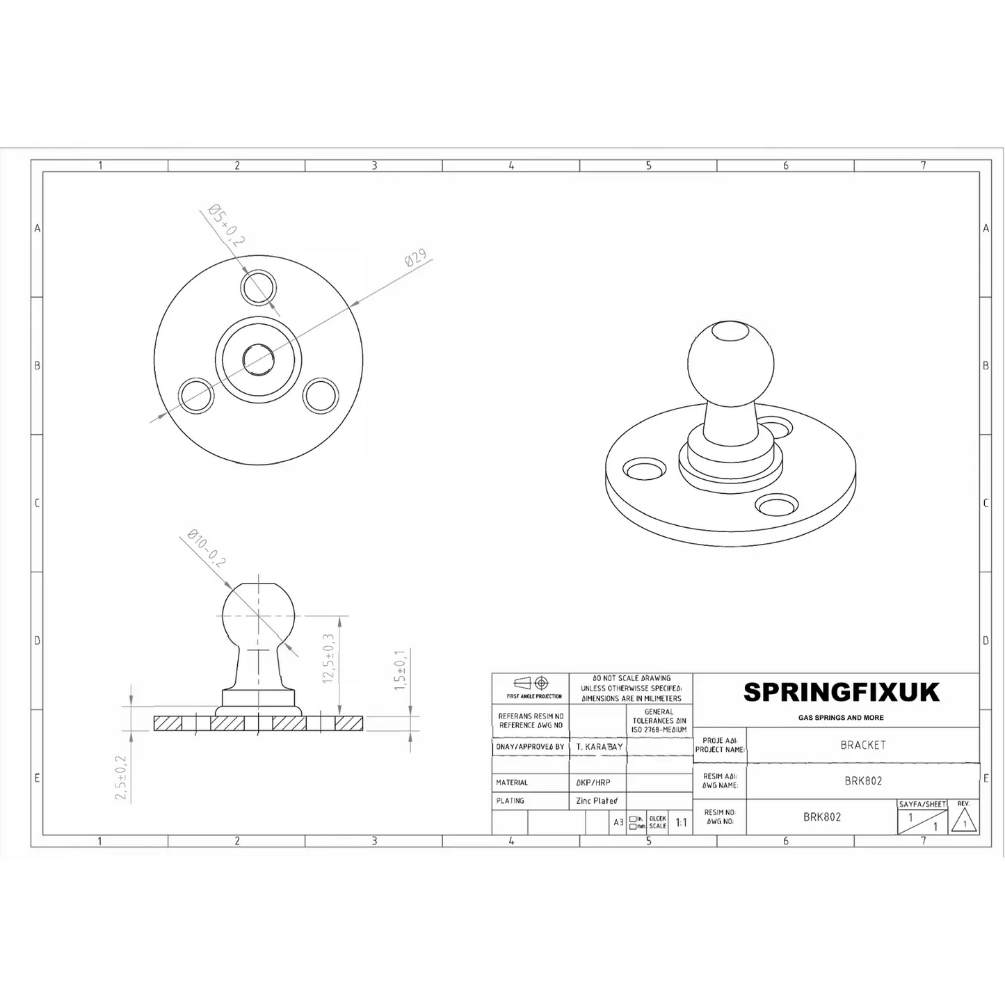 Zinc plated steel 10mm gas strut mounting bracket with 3 hole plate and ball stud | SpringFix UK