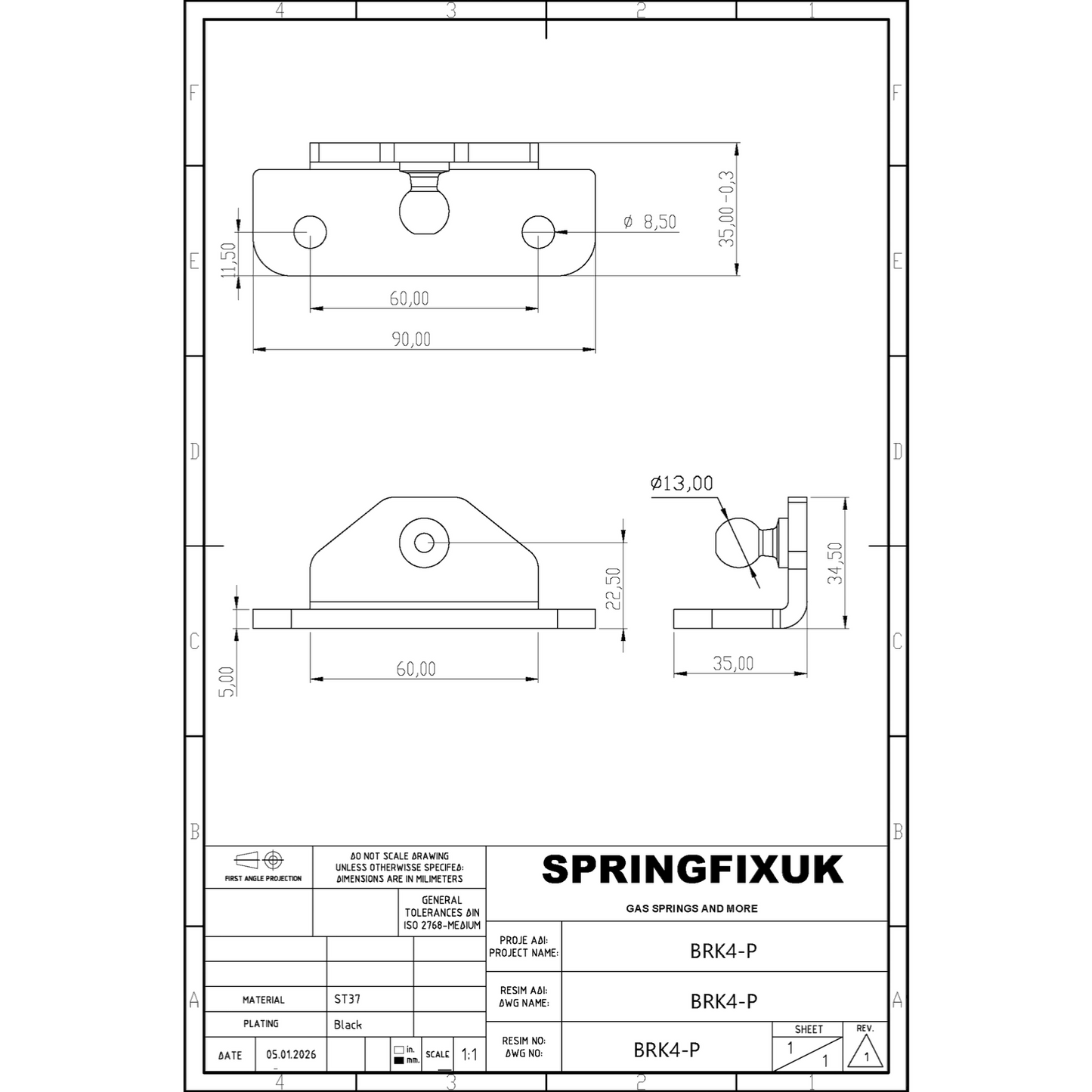 SpringFixUk black heavy duty L mount gas strut bracket with 13mm ball stud. Steel construction.