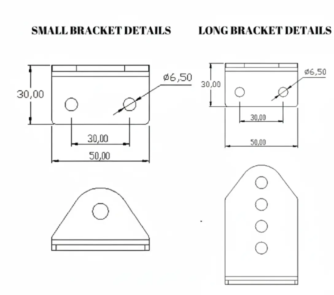 Hydraulic gate closer M8 brackets with dimensions. Includes small and long bracket details | SpringFix UK