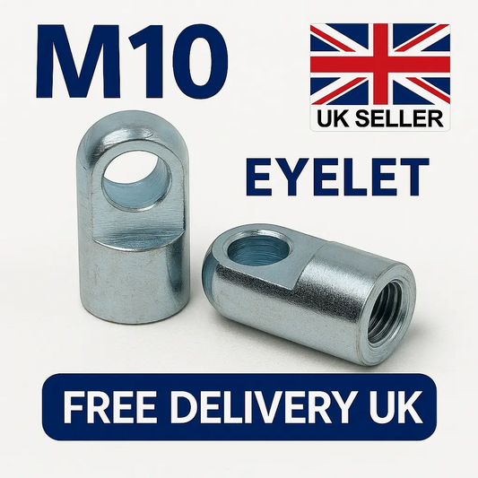 SpringFixUk pair of M10 female thread zinc-plated steel gas strut eyelet fittings.