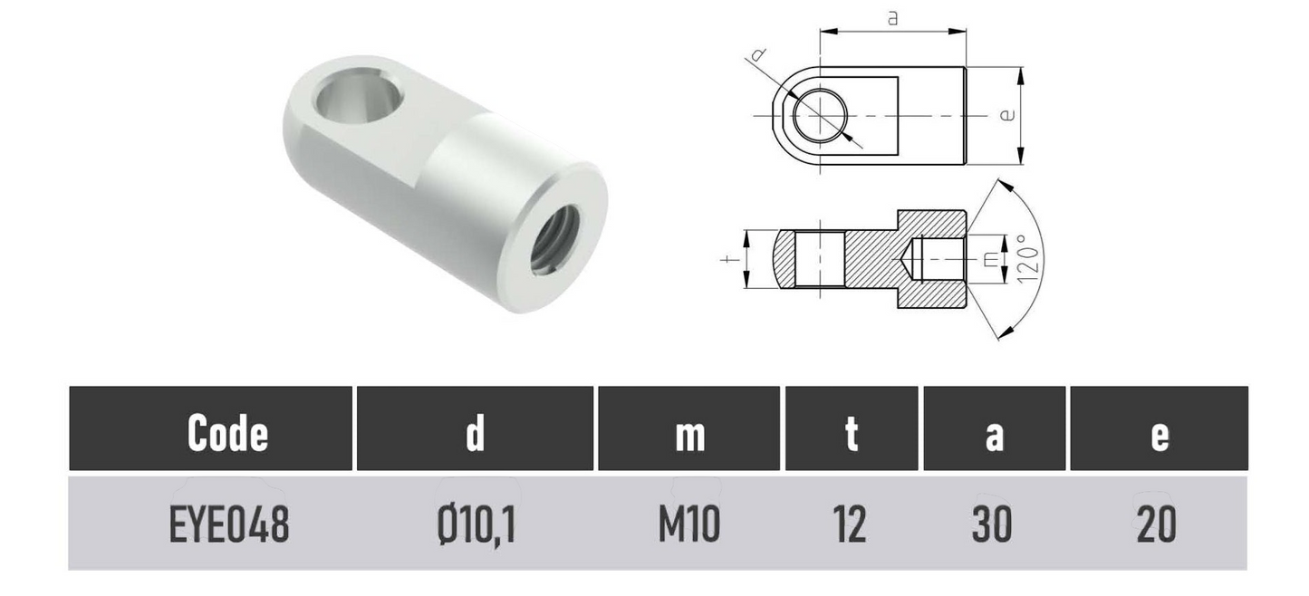 SpringFixUk M10 female thread zinc-plated steel gas strut eye end fitting with 10mm hole.