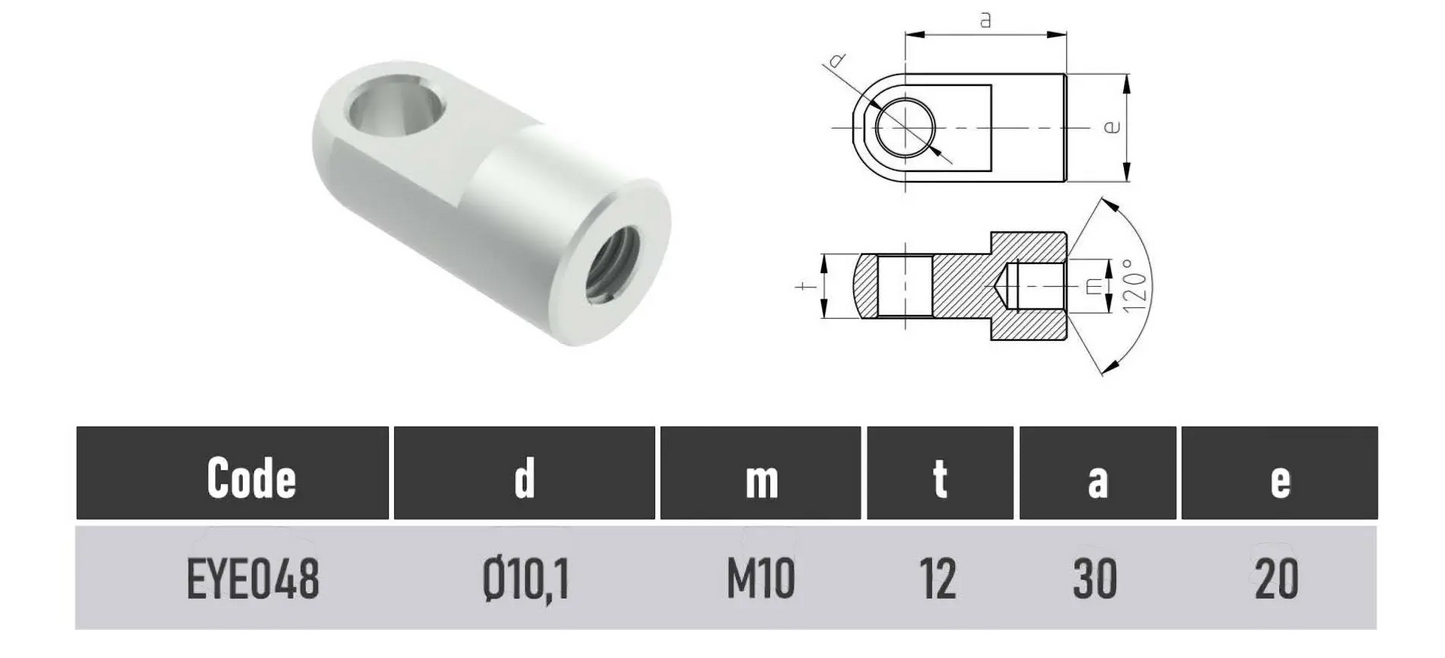 SpringFixUk M10 female thread zinc-plated steel gas strut eye end fitting with 10mm hole.