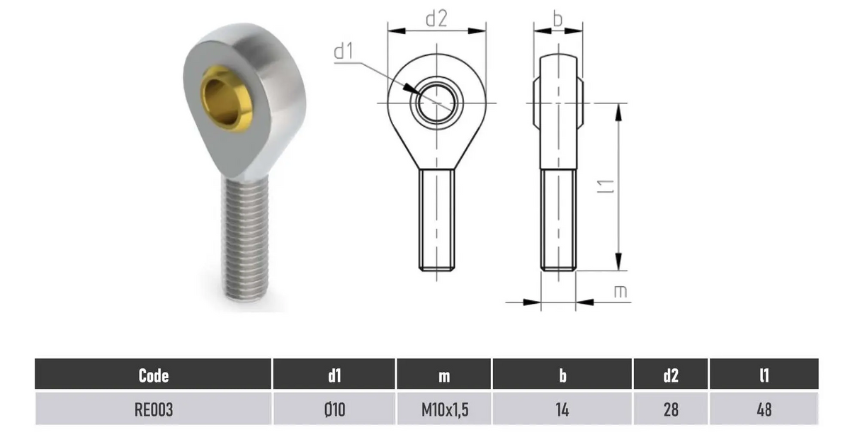POS10 M10 male rod end bearing with 10mm bore, steel construction, right-hand thread | SpringFix UK
