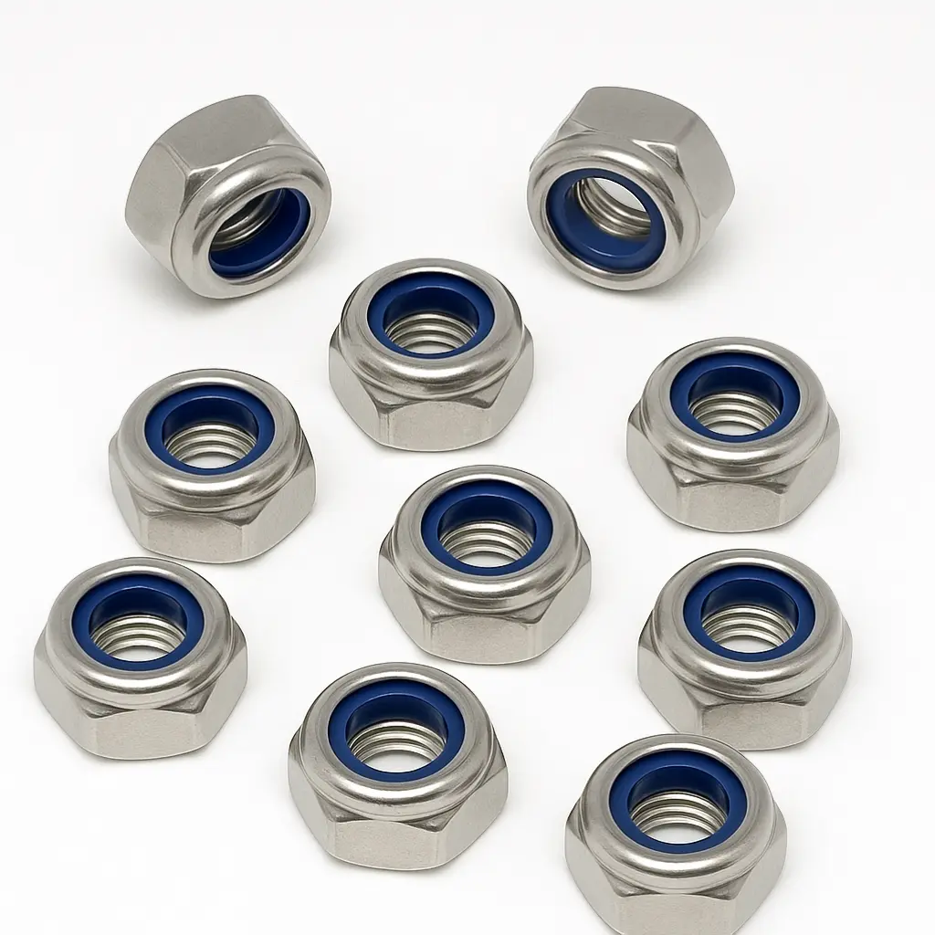 10x M10 A2 stainless steel nyloc lock nuts with blue nylon insert, DIN 985 standard | SpringFix UK