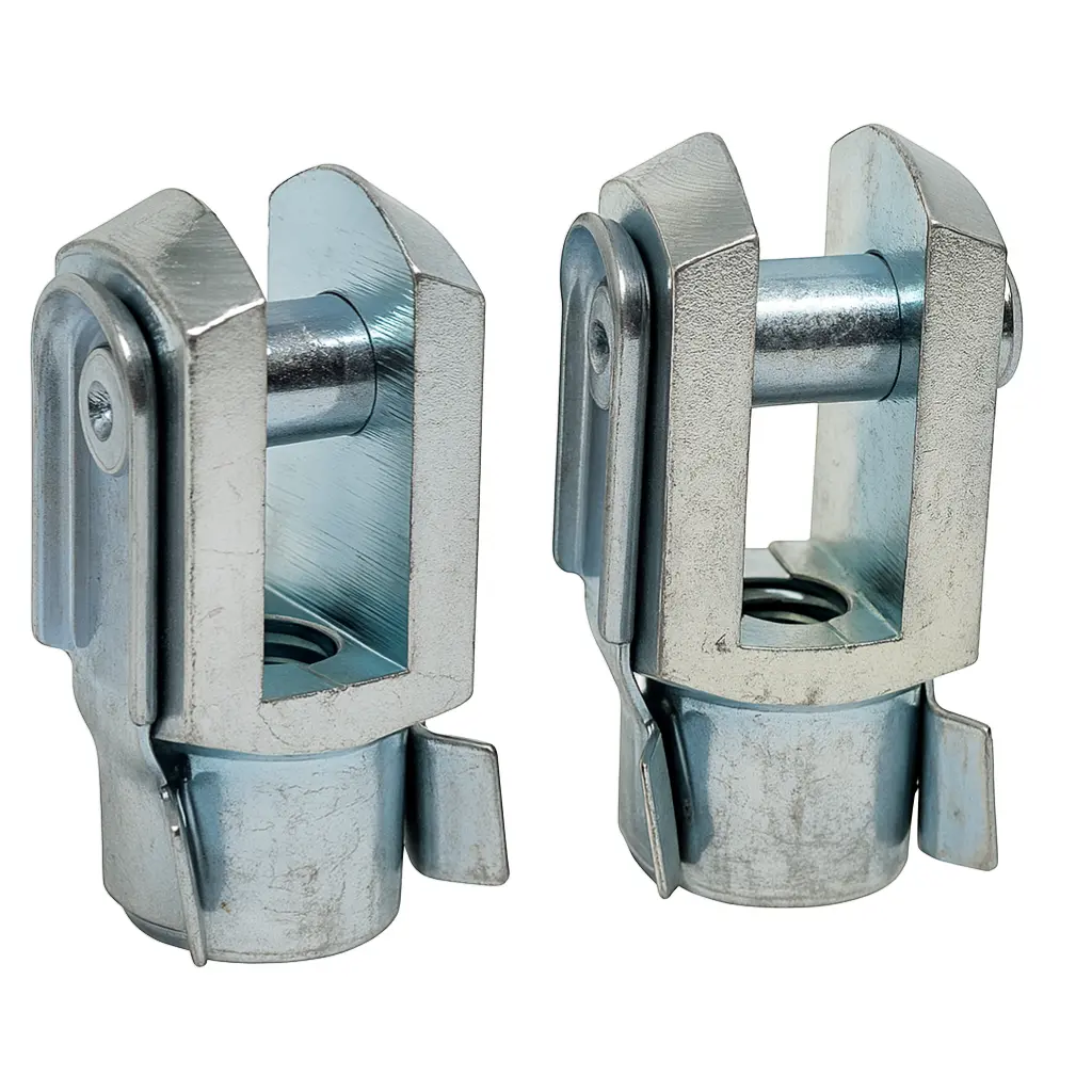 M6 zinc plated steel clevis fork ends with spring clips, DIN71752 standard, for gas struts | SpringFix UK