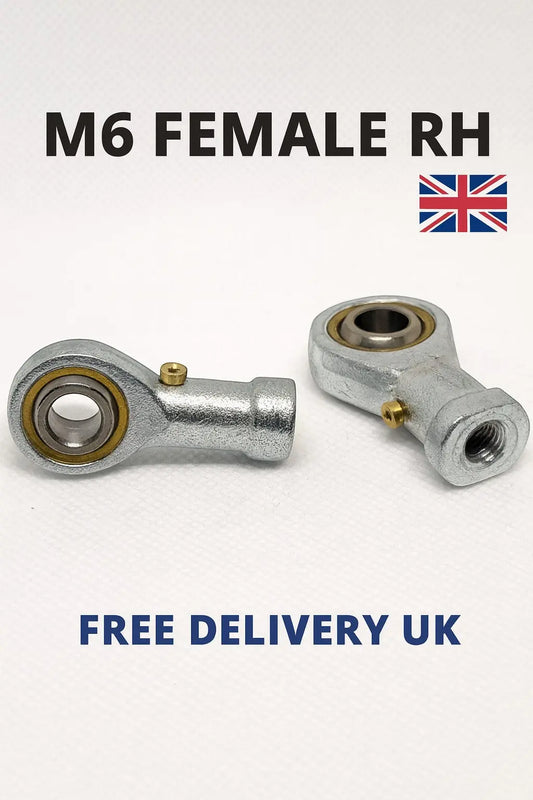 SpringFixUk M6 female rod end bearings with 6mm bore, zinc-plated steel, for automotive and machinery linkages.