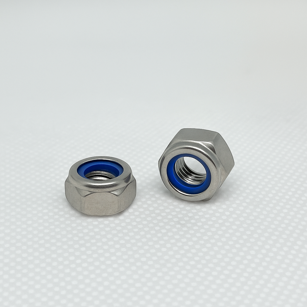 SpringFixUk M6 A2 stainless steel nyloc lock nuts with blue nylon insert, DIN 985 standard, sold in packs of 10.