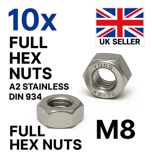 SpringFixUk 10x M8 A2 stainless steel hex nuts DIN 934, corrosion-resistant, ideal for DIY and outdoor use.