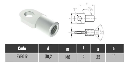 SpringFixUk M8 female thread zinc-plated steel gas strut eye end fitting with 8mm hole and 120-degree angle.