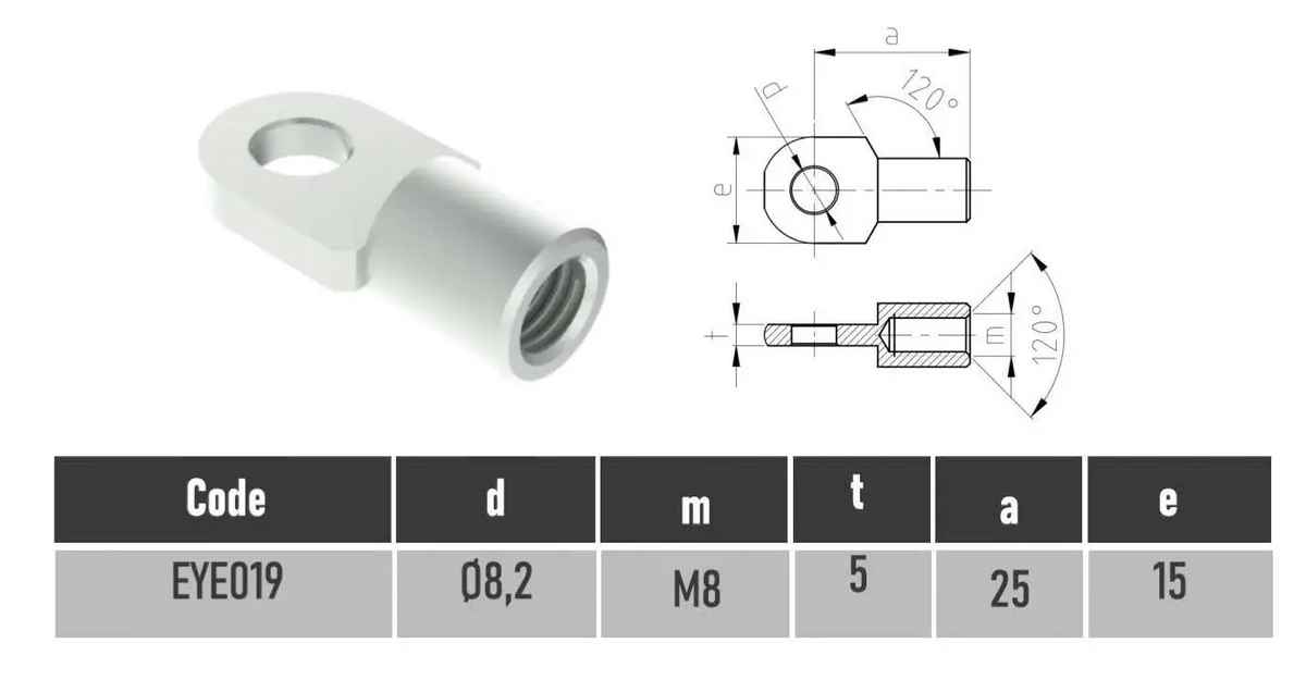 M8 female thread zinc-plated steel gas strut eye end fitting with 8mm hole and 120-degree angle | SpringFix UK